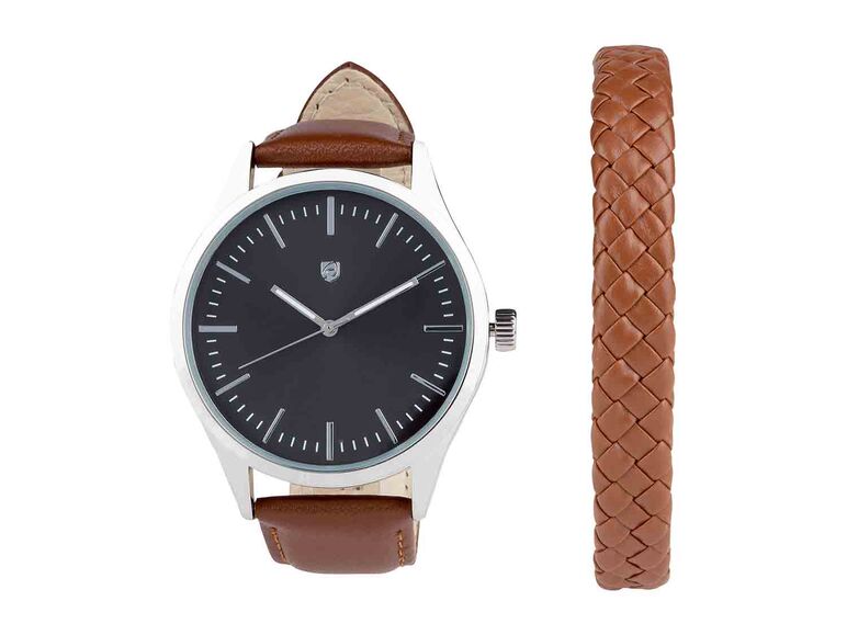 Set de reloj con correa de cuero marrón y pulsera para hombre