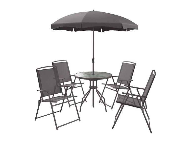 Set de cuatro sillas y mesa con sombrilla